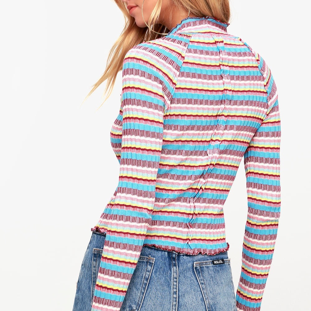 Free People Mirror Blue Striped Mock Neck Long Sleeve Top Medium - Picture 4 of 7